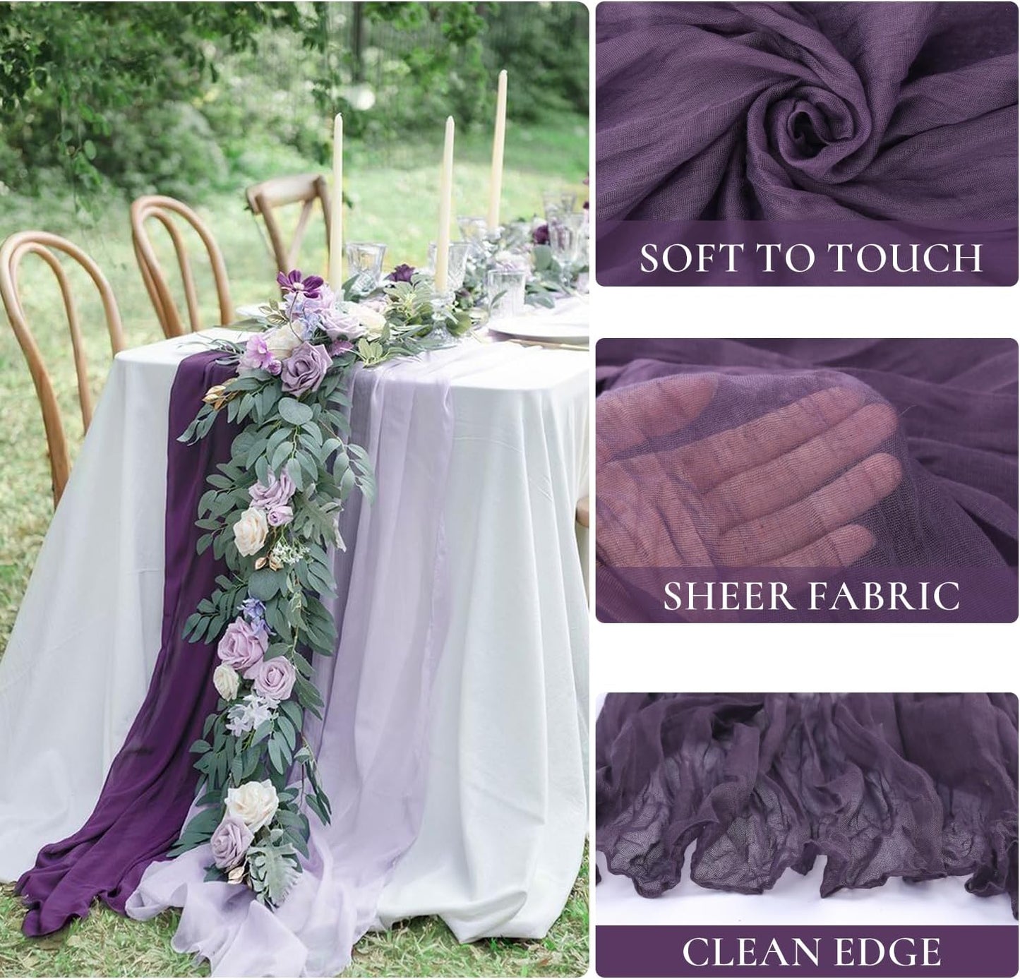 6 Pack Plum Purple Cheesecloth Table Runner 35x120 Inch Boho Gauze Table Runner Rustic Cheese Cloth Long Romantic Table Runners for Wedding Bridal Shower Birthday Party Table Decor