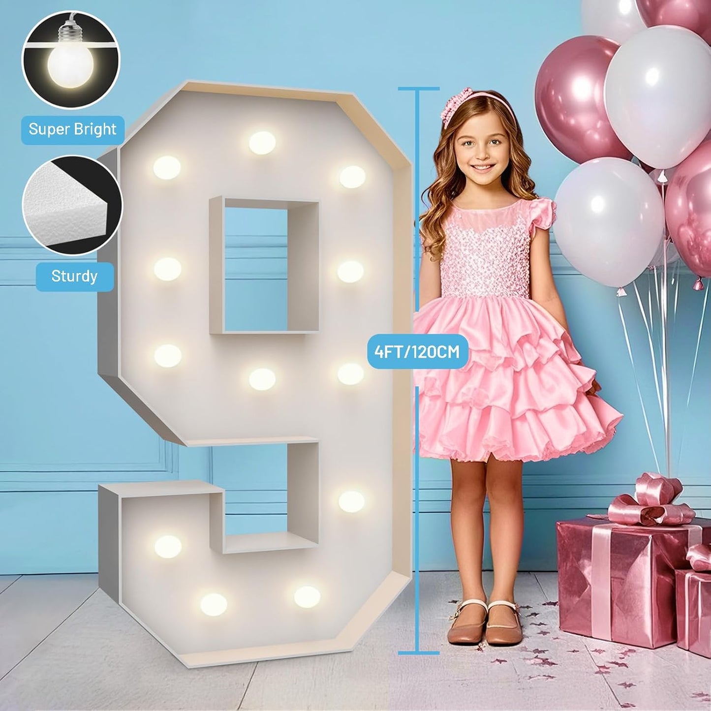 4FT Marquee Light Up Numbers 9,Party Decoration Large Marquee Light Up Letters with Weighted Water Bag,Pre-cut Foam Board Set Can Be Used for Birthdays,Weddings,Baby Anniversaries