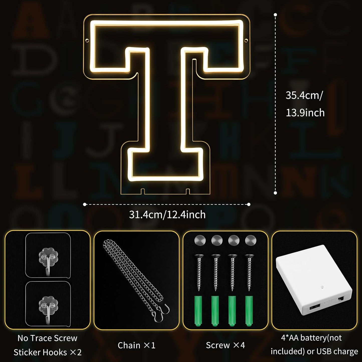 Light Up Letters T, Led Marquee Letter Lights Neon Sign, 13.9" Height Decorative Lighted Alphabet Number, Battery/USB Powered Led Letters Lights for Wedding, Birthday, Party, Christmas or Home Decor