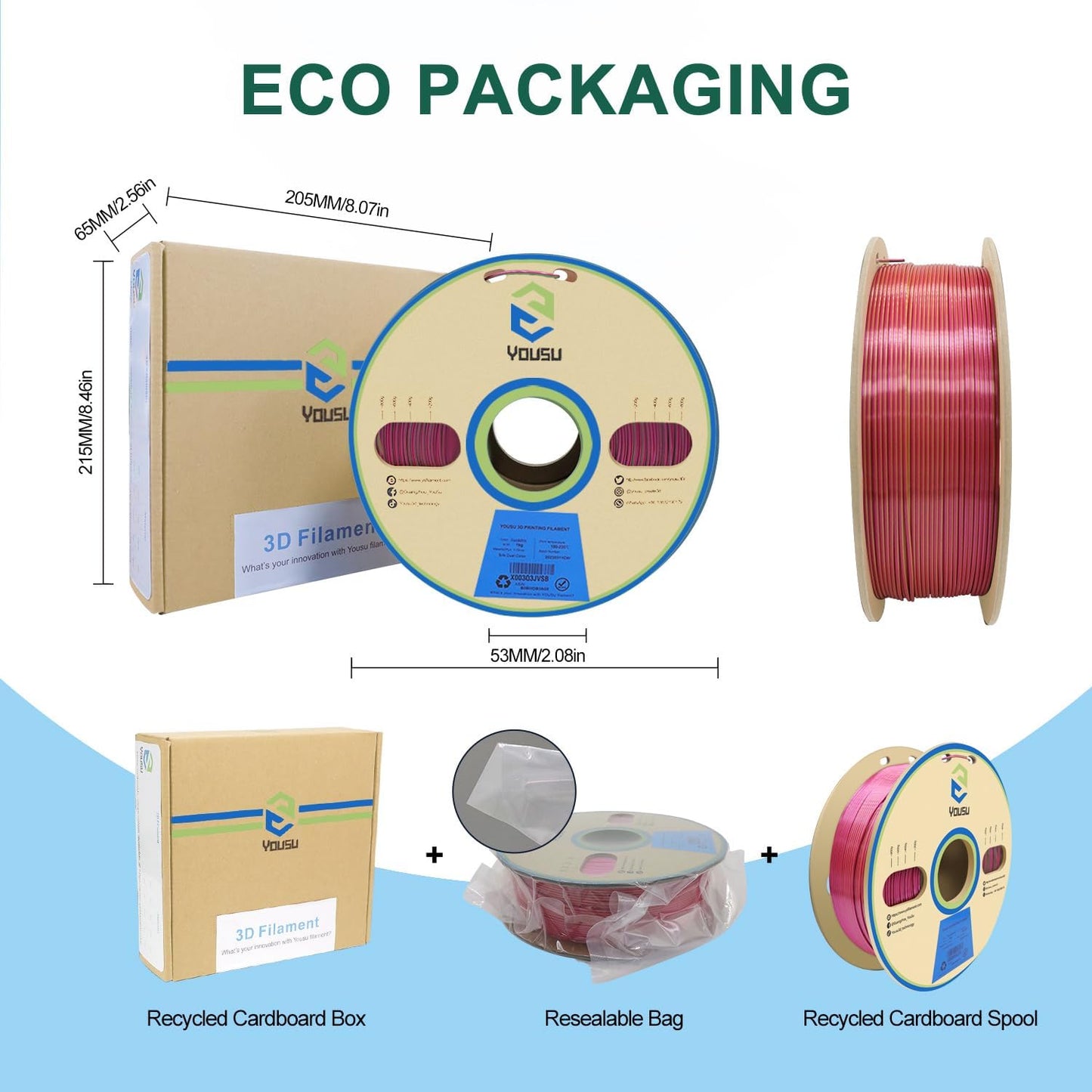 YOUSU Silk Tri Color PLA Filament，Coextrusion PLA Filament 1.75mm，1KG/Roll,3D Printer Filament Silk PLA Gold & Green & Rose red.