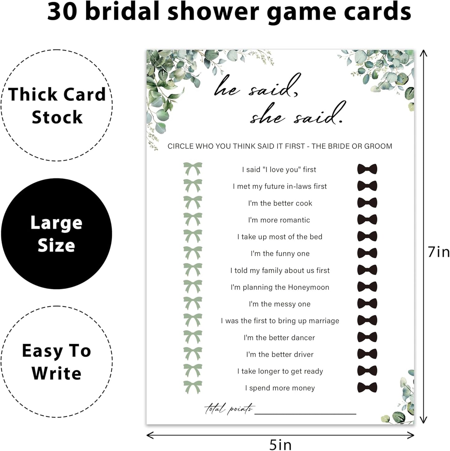 Eucalyptus Bridal Shower Game Cards - He Said She Said, Wedding Engagement Bachelorette Party Bridal Shower Games for 30 Guests, Double Sided Cards Set of 30, Activity Supplies & Favor/A01