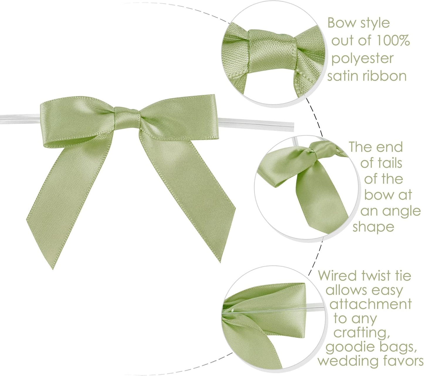 AIMUDI Sage Green Satin Ribbon Twist Tie Bows 2.5" Pretied Bows Premade Craft Bows for Treat Bags Cake Pop Gift Wrapping Basket Wedding Favors Cookie Candy Bagging Baby Shower - 50 Counts