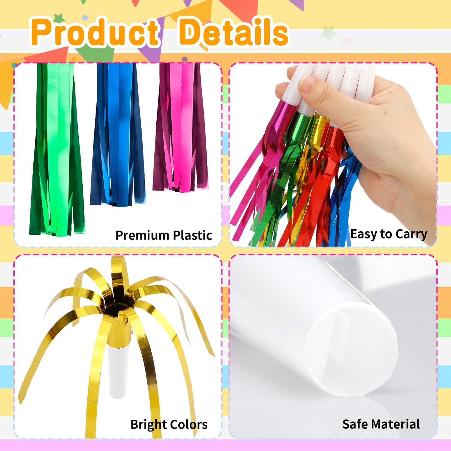 Noise Makers, 24 PCS Gold Noise Makers, Glitter Metallic Fringed Party Blowers Noisemakers Horns for Adults for 2025 New Year Eve Party Birthday Sporting Events Favor Supplies Decorations (Mixcolor)