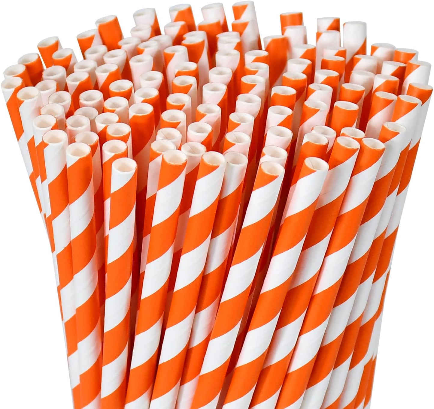 Compostable 7.75 inch Orange White Striped Paper Drinking Straws, 100 Counts - for Cocktail, Juice, Coffee, Bars, Restaurants