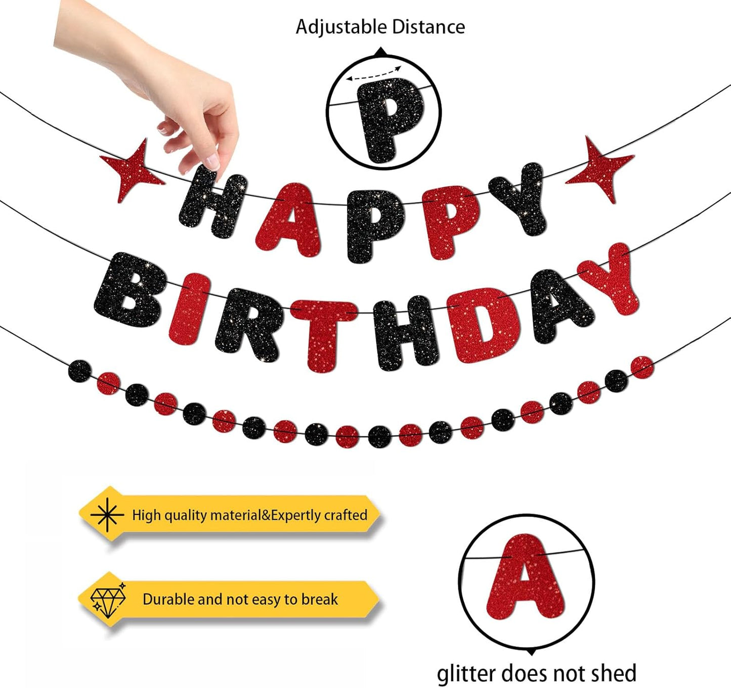 Red and Black Happy Birthday Banner Glitter Garland for Black and Red Decorations Happy Birthday Decorations for Women Men Boys Girls 25st 30st 40st 50th 60st Party Decor