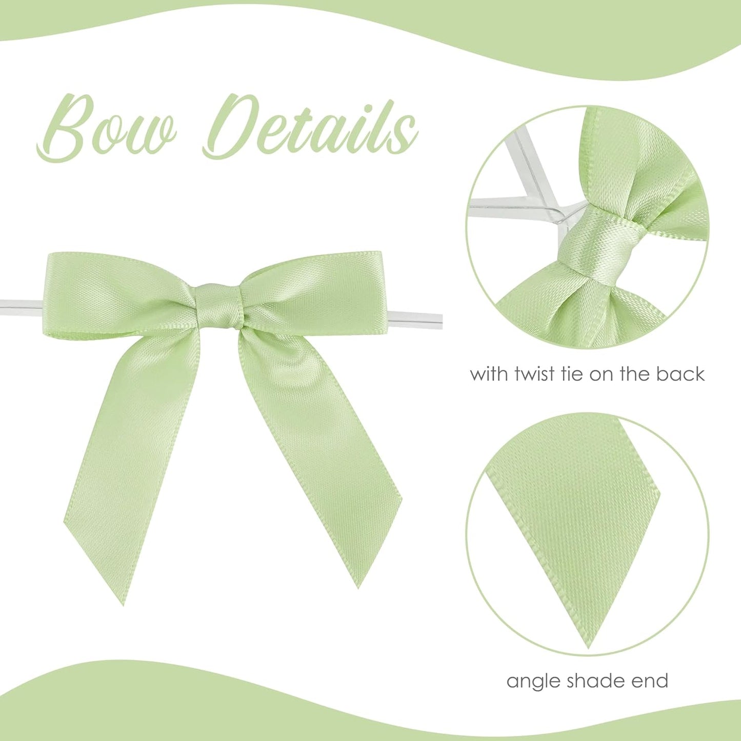 AIMUDI 5 Colors Sage Green Ribbon Bows 2.5" Satin Twist Tie Bows for Gift Wrapping Premade Satin Bow for Making Crafts Treat Bag Baby Shower Birthday Party Wedding Decoration, 50 PCs