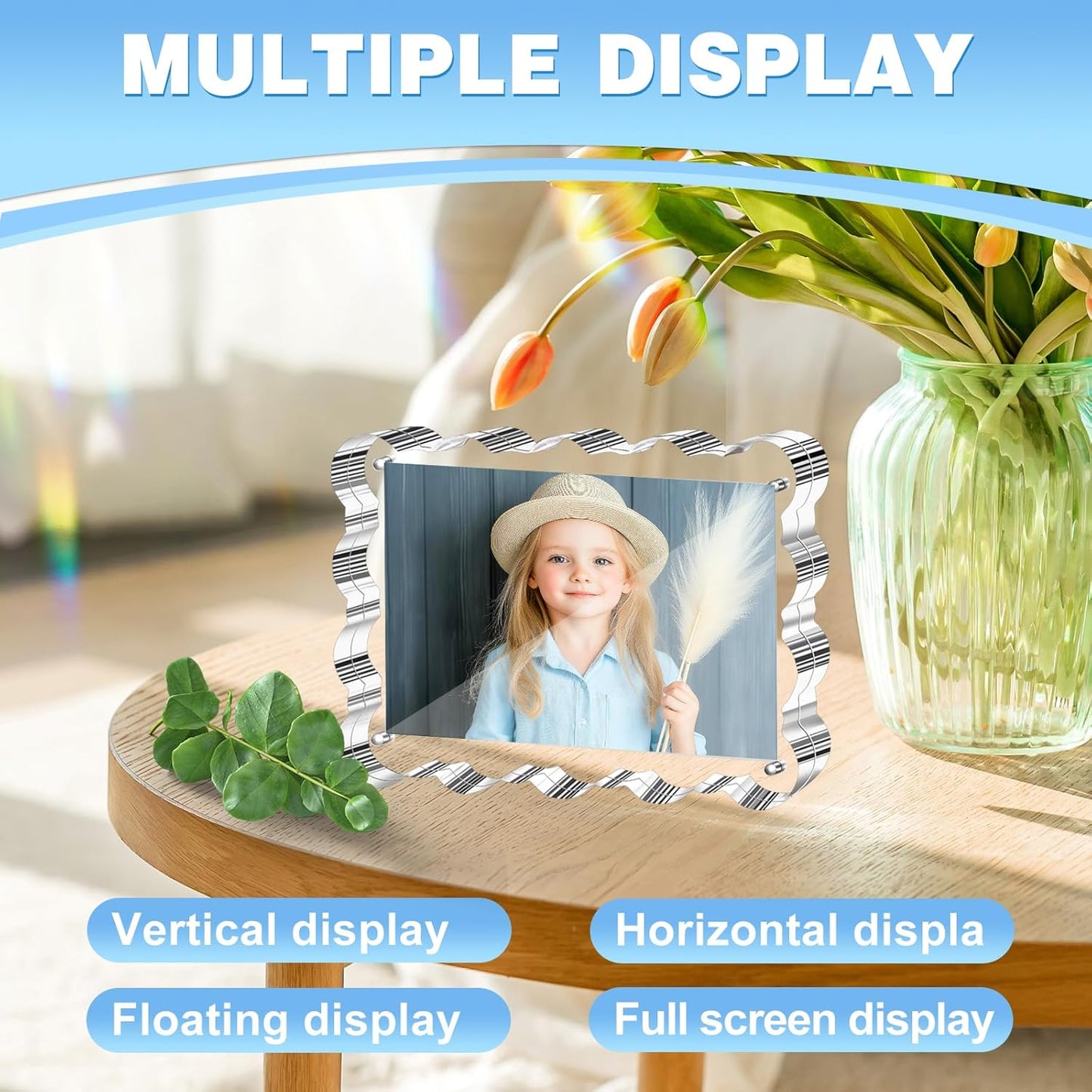 Aheroi 5x7 Acrylic Photo Frames, 3 Pack Clear Picture Sign Holder Freestanding Magnetic Scalloped Picture Frames for Desktop Display, Thickened Frameless Double Sided Acrylic Sign Holder, No Instal