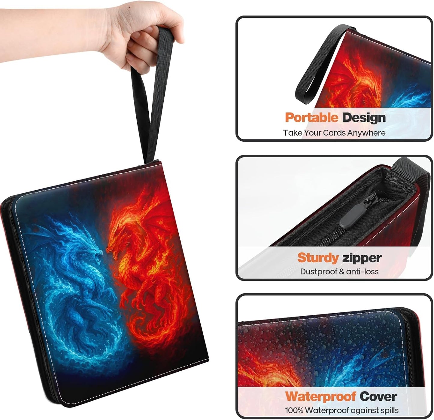 Dragon Design 9 Pocket Card Binder – Premium Trading Card Album Holds 720 Cards, PU Leather Zipper Case with 3-Ring Removable Pages – Perfect for MTG, TCG, Sports Cards, Gift for Collectors