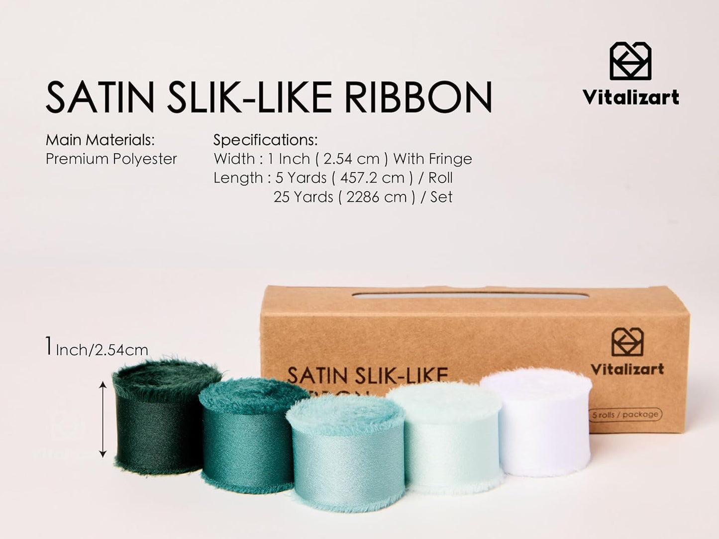 Vitalizart Silk Like Satin Ribbon 1 inch x 25 Yard Green & Sage Handmade Frayed Ribbons for Gift Wrapping Baby Shower Wedding Bridal Bouquets Holiday Decor