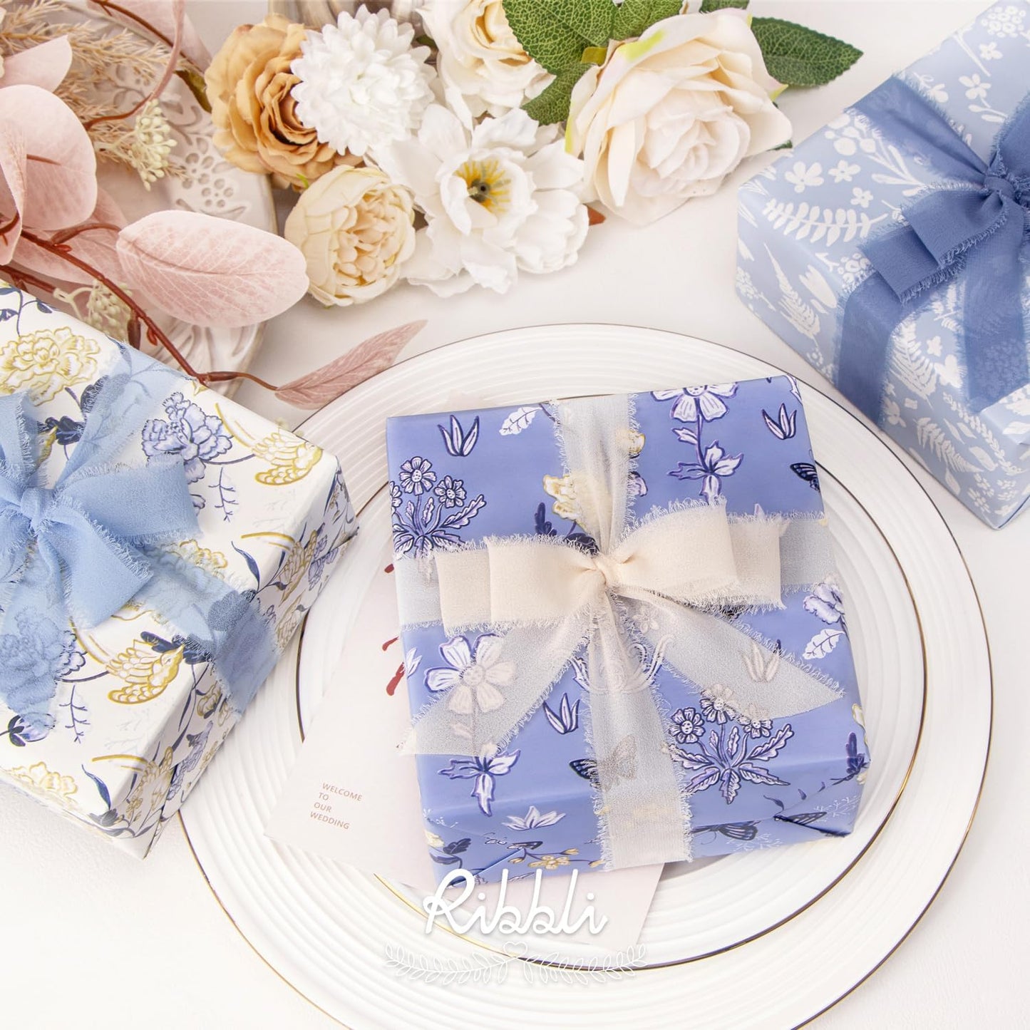 Ribbli Blue Ribbon 1 Inch x 3 Rolls Total 24 Yards Cream/Blue/Dusty Blue Handmade Fringe Chiffon Silk Ribbon for Wrapping Wedding Invitations Bridal Bouquets DIY Crafts Home Decor