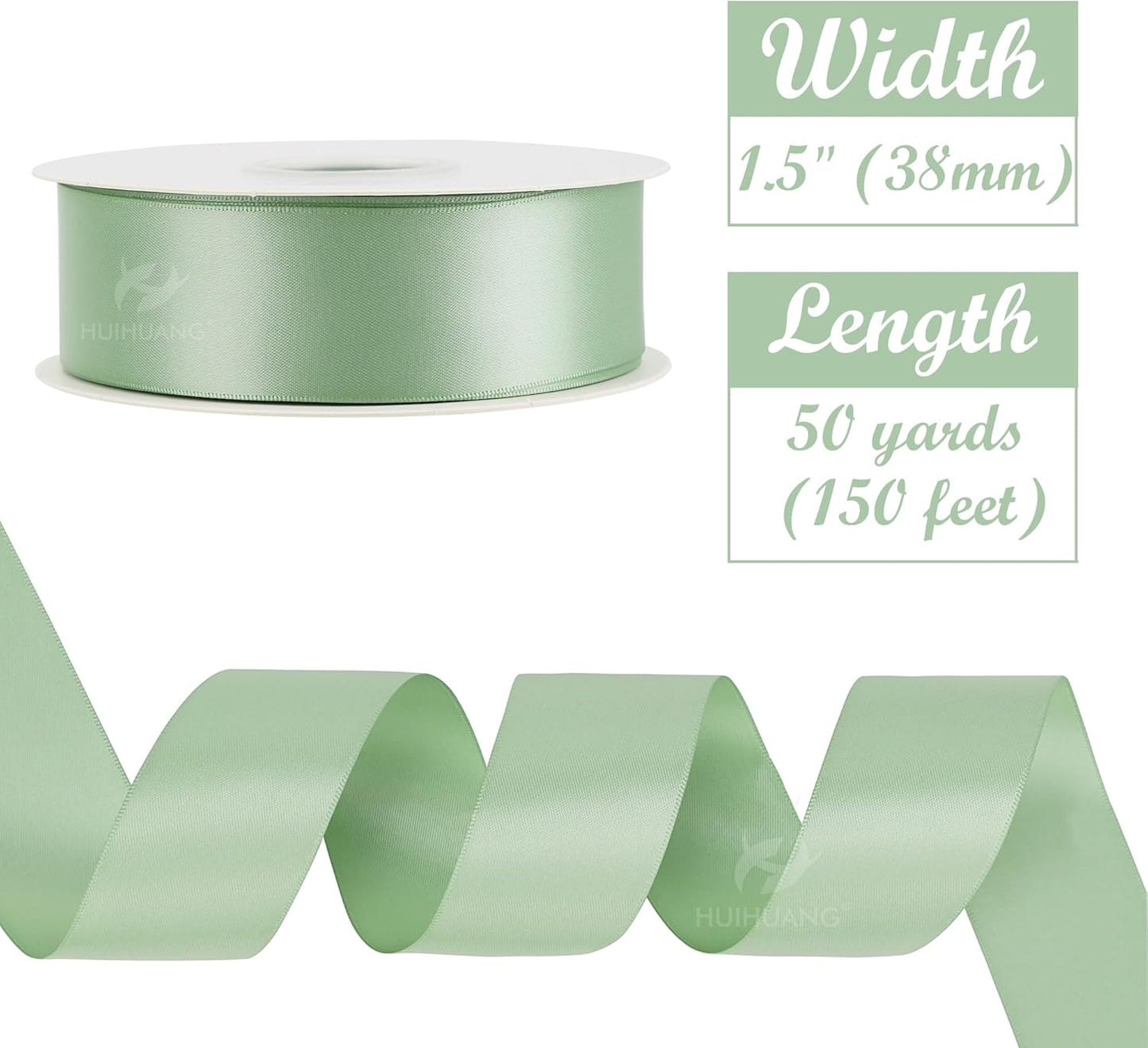HUIHUANG 1-1/2 inch Double Face Satin Ribbon, Polyester Satin Sage Green Ribbon 50 Yards/Roll for Gift Wrapping Bows Making Floral Bouquet Wedding Invitation Decor Party Favor and Craft Supplies