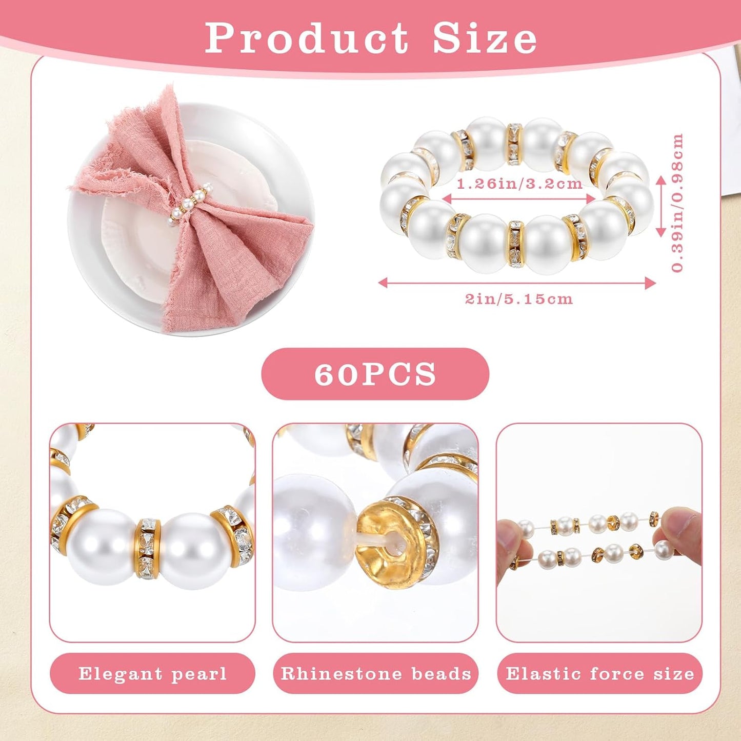 60 Pcs Wedding Pearl Napkin Rings, Pearl Napkin Rings Napkin Ring Holder Imitation Beaded White Napkin Ring Elegant Rhinestone Serviette Rings Buckle for Formal Wedding Home Dinner Party Decorations