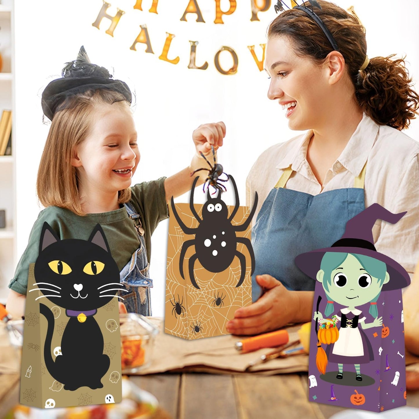 Tikitup Halloween Treat Bags-24pcs Trick or Treat Goody Bags with 24pcs Stickers,Mini Paper Gift Bags for Treats Snacks, Goodie Bags Party Supplies, Holiday Pastries Supplies