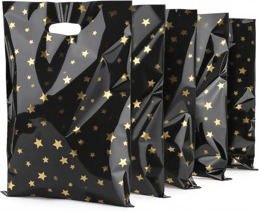 CC Wonderland 6 * 9inch Party Favor Bags 30PCS, Black Gold Star Pattern with Handle,Goodie Treat Loot Bags for Kids Children Birthday, Baby Shower, Easter Holiday Party Gift Wrap Decoration