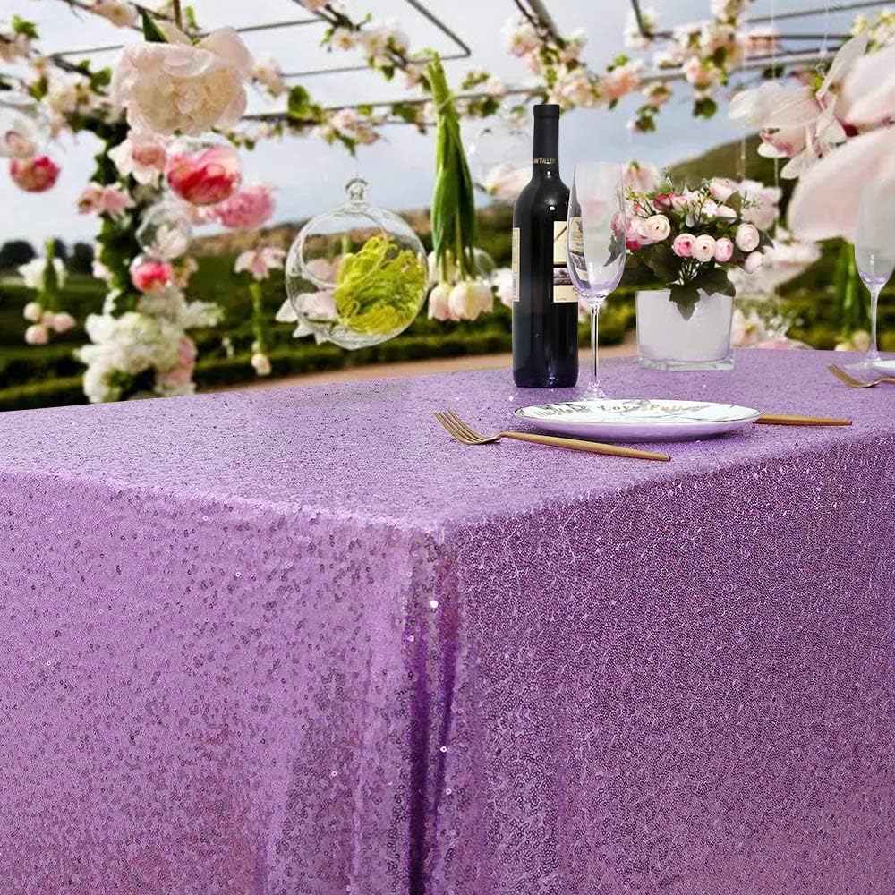 QueenDream Tablecloth 90x156 Rectangle Sequin Tablecloth Lavender Wedding Table Linens Glitter Birthday Bridal Party Indoor Outdoor Decorations