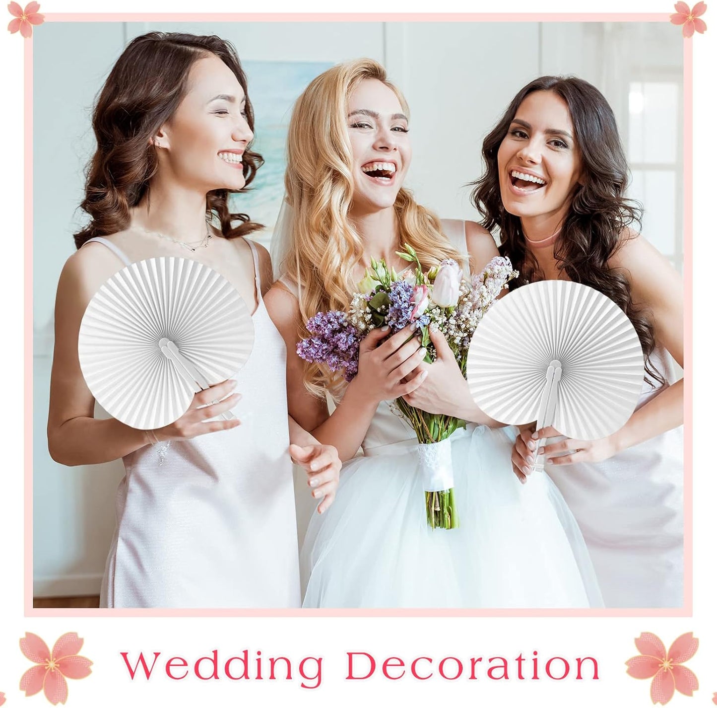 Handepo 200 Pieces Wedding Fans Folding Paper Fans Paper Fans Round Shaped Folding Fans Handheld Fan with Plastic Handle for Wedding Celebration Birthday Party Favor (White)