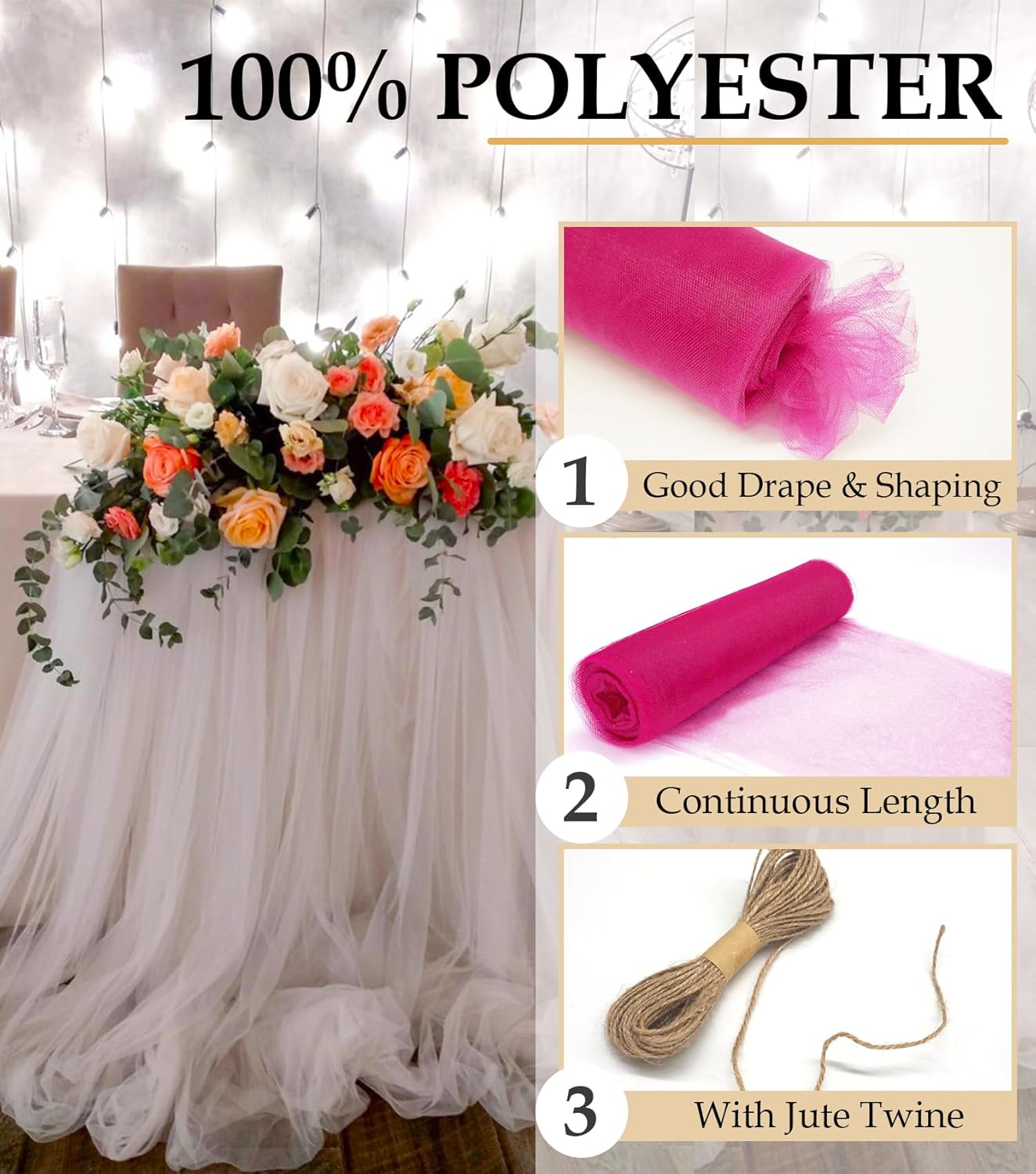 Fuchsia Tulle Fabric Roll, 54" x 40 Yards (120FT) Tulle for Wedding Decoration DIY Tutu Halloween Party Backdrop Baby Shower Table Skirts Gift Wrapping