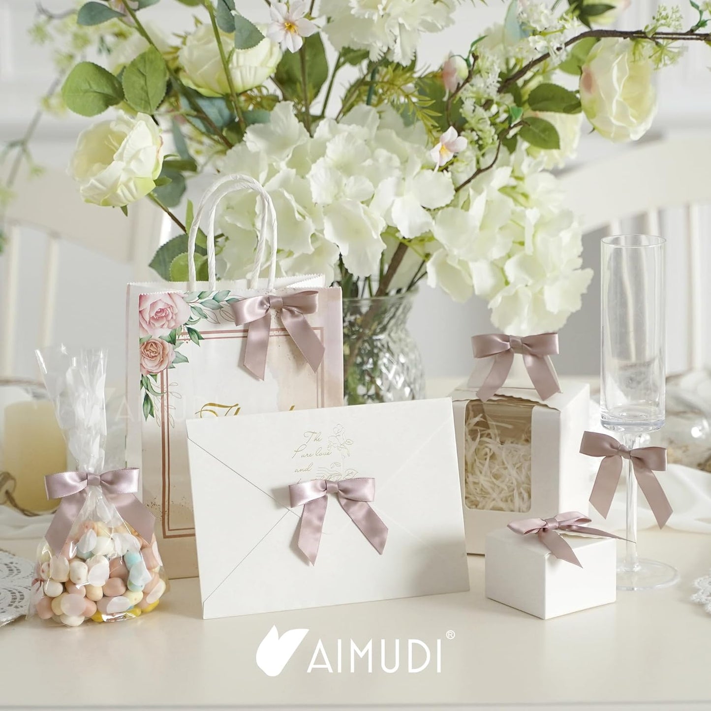 AIMUDI Dusty Rose Ribbon Bows Wedding Decor 2.5" Pretied Small Pink Bows for Crafts Premade Satin Twist Tie Bows for Treat Bags Cake Pop Bows Mini Bows for Gift Wrapping Candy Apples - 50 Counts