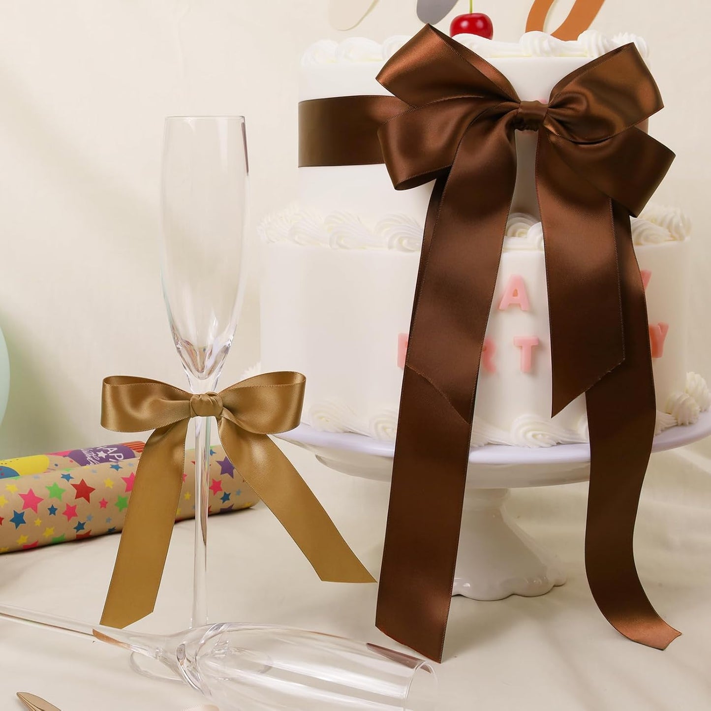 LaRibbons Pale Gold Satin Ribbon 1 Inch 25 Yards Double Faced Gold Silk Ribbon for Flower Bouquet Crafts Gift Wrapping Wedding Party Decoration