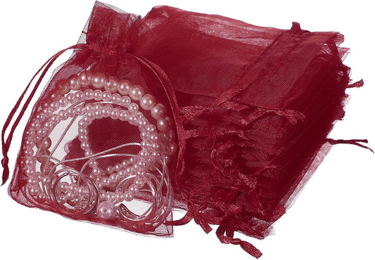 uxcell 50 Pcs Organza Gift Bags, 2.7x3.5 Inch Drawstring Pouches Jewelry Gift Bags, Small Wedding Favor Pouches for Christmas Birthday Wedding Goodie Candy Candle, Wine Red