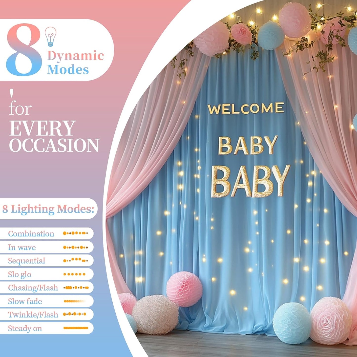 10x10ft Pink Blue Tulle Backdrop Curtain with String Lights, Wrinkle-Free Sheer Wedding Backdrop for Birthday Parties, Baby Showers, Bridal Showers, Photo Shoots and Home Decor, Pink Blue