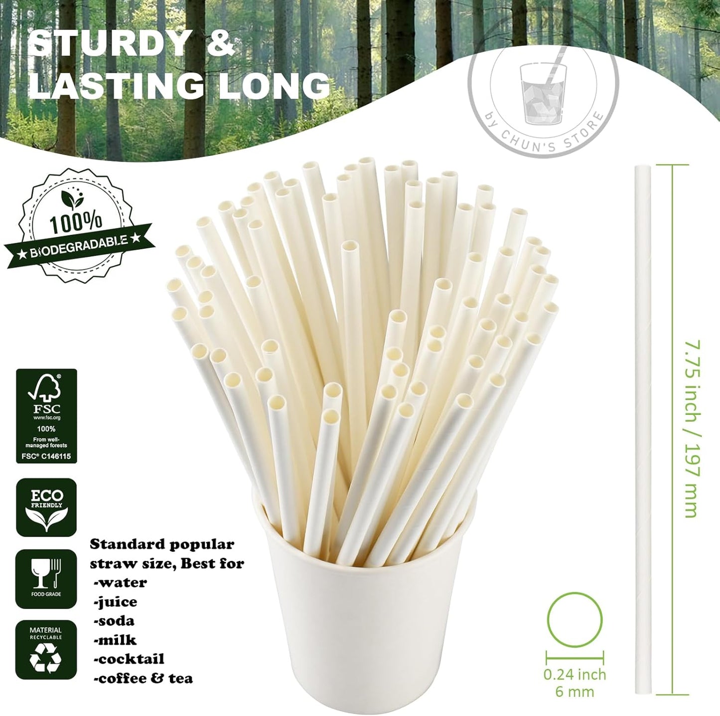 White Paper Drinking Straws Bulk, 1000 Counts, 7.75" Long, 0.24" Diameter - Restaurants and Bars Pack