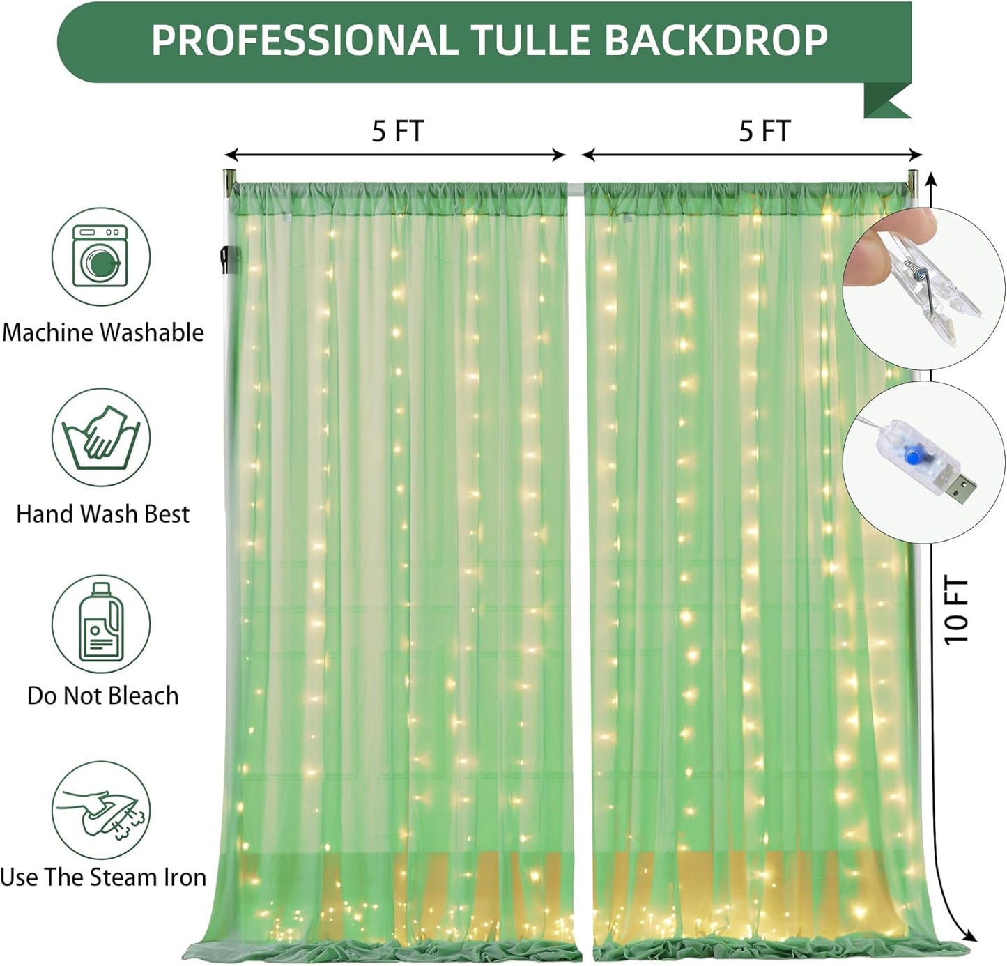 10×10ft Green Tulle Backdrop Curtain with Lights String for Parties, Sheer Photo Curtain Backdrop Drapes for Wedding Party Photography Backgrounds