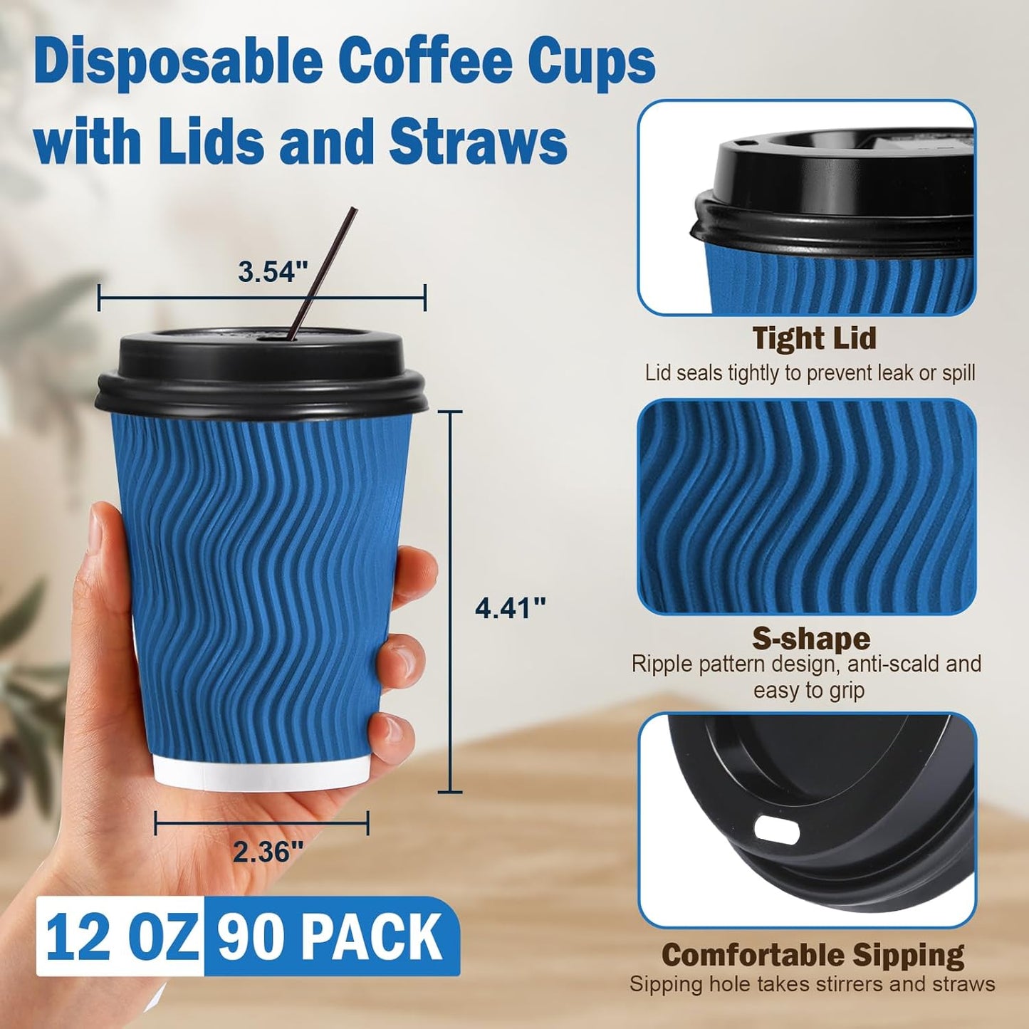 SIUQ 90 Pack 12 oz Disposable Coffee Cups with Lids and Straws, Insulated Ripple Wall To Go Paper Coffee Cups for Coffee, Hot Chocolate and Hot Tea Drinks - Navy