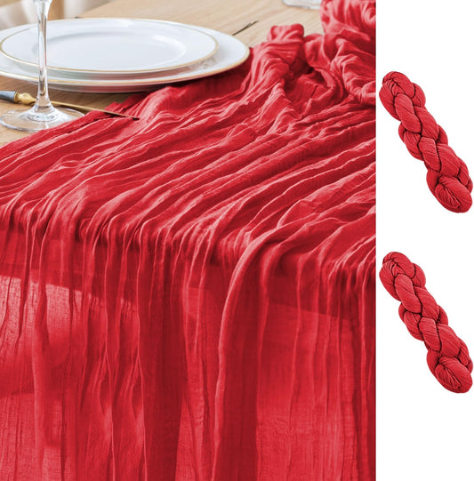 Asee'm 2PCS Fall Table Runner Cheesecloth 10FT Red Boho Gauze Fabric Rustic Sheer Cheese Cloth Runners for Thanksgiving Christmas Wedding Bridal Shower Party