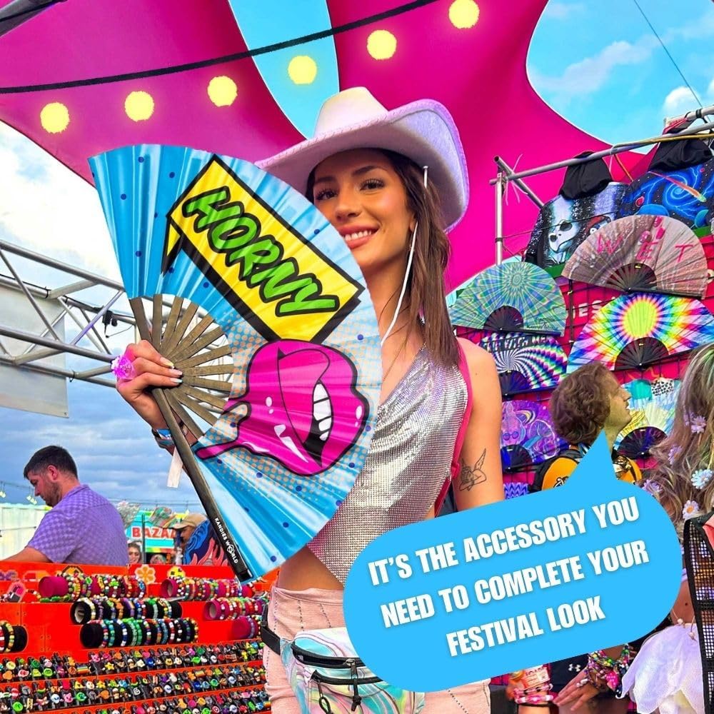 Kandies World Custom Festival Folding Hand Fan - Unique Designs, Made of Bamboo, Clacking Sound, Lightweight - Perfect Rave and Festival Accessory!