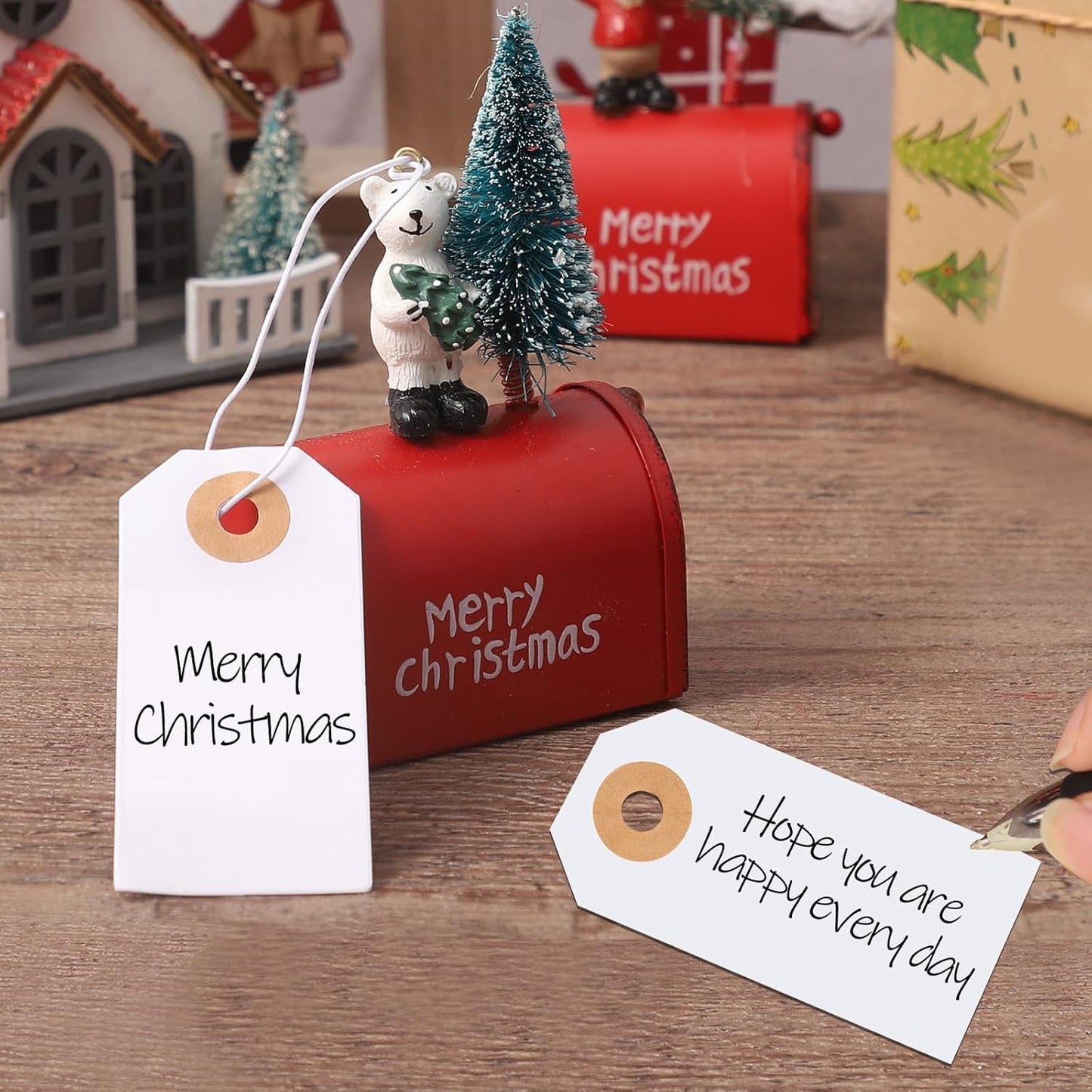 200 Pack White Blank Tags with Elastic String Marking Hang Tags Attached Reinforced Hole Writable Gift Tag for Christmas Gifts Stocking Stuffers 2.75'' x1.37''