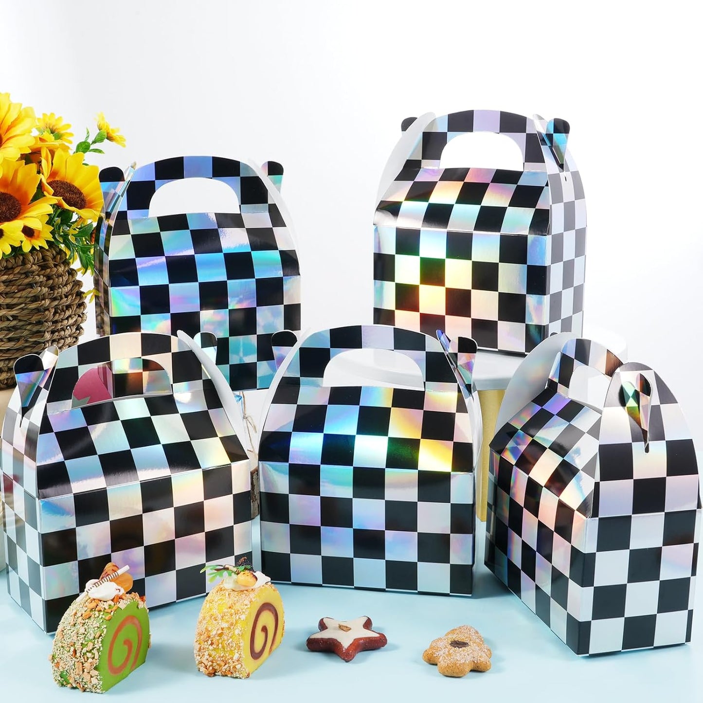 24 Pcs Iridescent Checkered Race Car Party Favor Gable Boxes, Paper Black and Iridescent Car Goodie Treat Boxes, Racecar Laser Plaid Gift Box for Kids Fast Race Cars Birthday Party Decorations