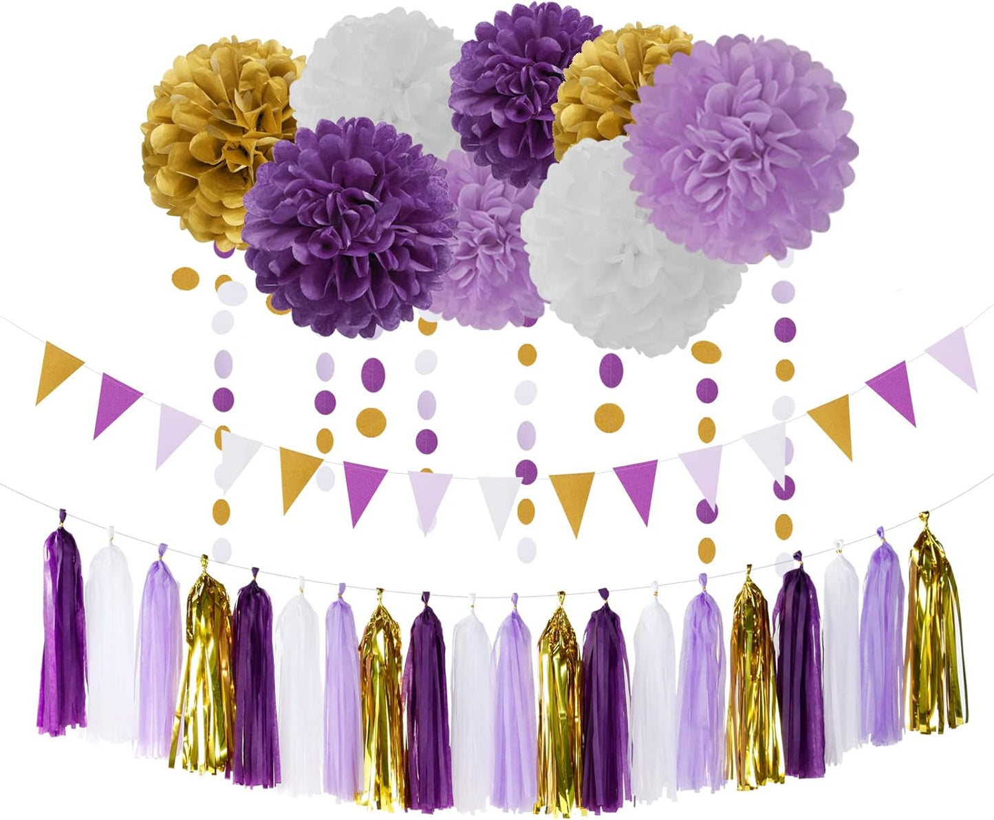 Purple Gold Graduation Decorations - 30pcs Kits Lavender White Paper Flowers,Banner Flags,Tassel Streamer Garland Engagement Girl Baby Bridal Shower Party Decoration Lasting Surprise