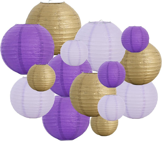 BEISHIDA 16 Pcs Purple Gold Paper Lanterns,Hanging Decorative Chinese Japanese Round Paper Lantern Lamp for Graduation Bachelorette Birthday Party Decoration