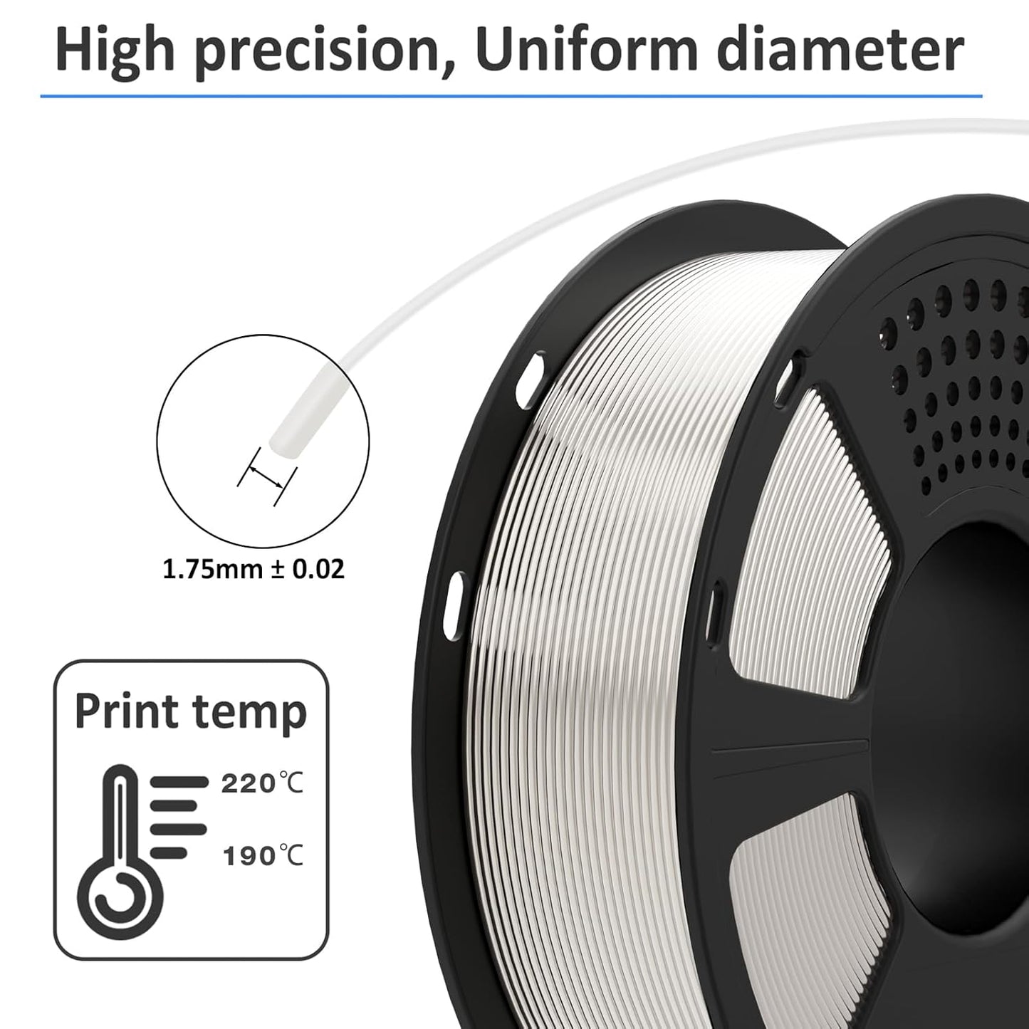 GIANTARM 3D Printer Filament, Silk White Pla Filament, 1Kg(2.2lbs) Spool, 1.75mm Dimension Accuracy +/- 0.03mm, 3D Printing Filament