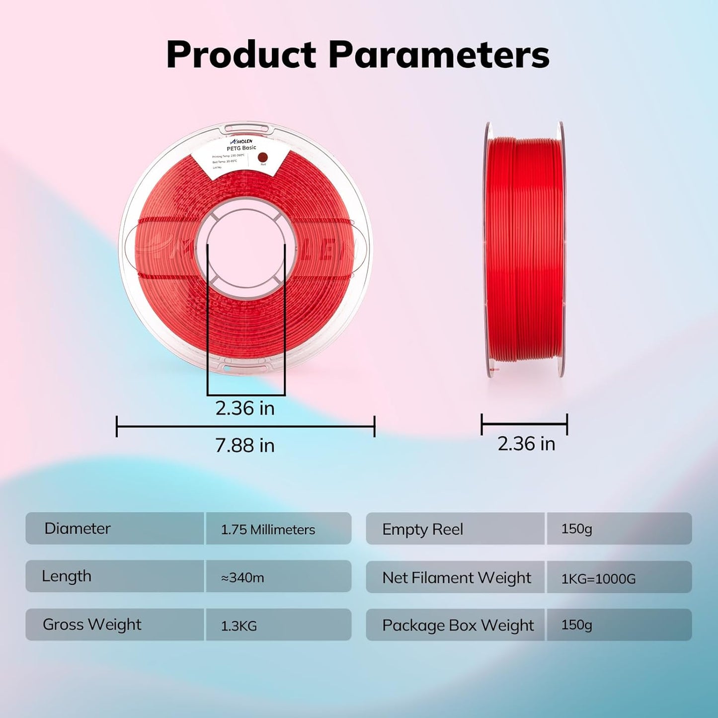 AMOLEN Rapid PETG Basic 3D Printer Filament 1.75mm +/-0.02mm,500mm/s High Speed Strong Toughness Red 1KG/2.2lb