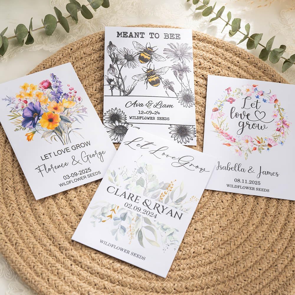 callie Personalized Wedding Seed Packet Favors, Custom Wildflower Seeds Storage with Name and Date, Kraft/White Paper Envelopes for Wedding Party Bridal Shower, 20-300 PCS