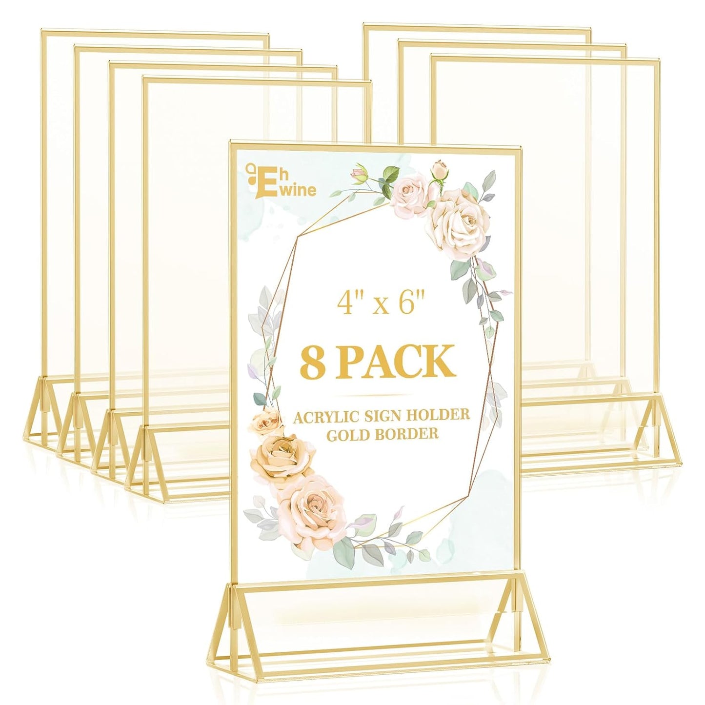 EHWINE 8 Pack 4×6 Clear Acrylic Sign Holder with Gold Borders and Vertical Stand, Double Sided Table Menu Holders Picture Frames for Wedding Table Numbers, Restaurant Signs, Photos and Art Display