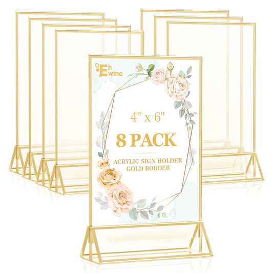 EHWINE 8 Pack 4×6 Clear Acrylic Sign Holder with Gold Borders and Vertical Stand, Double Sided Table Menu Holders Picture Frames for Wedding Table Numbers, Restaurant Signs, Photos and Art Display