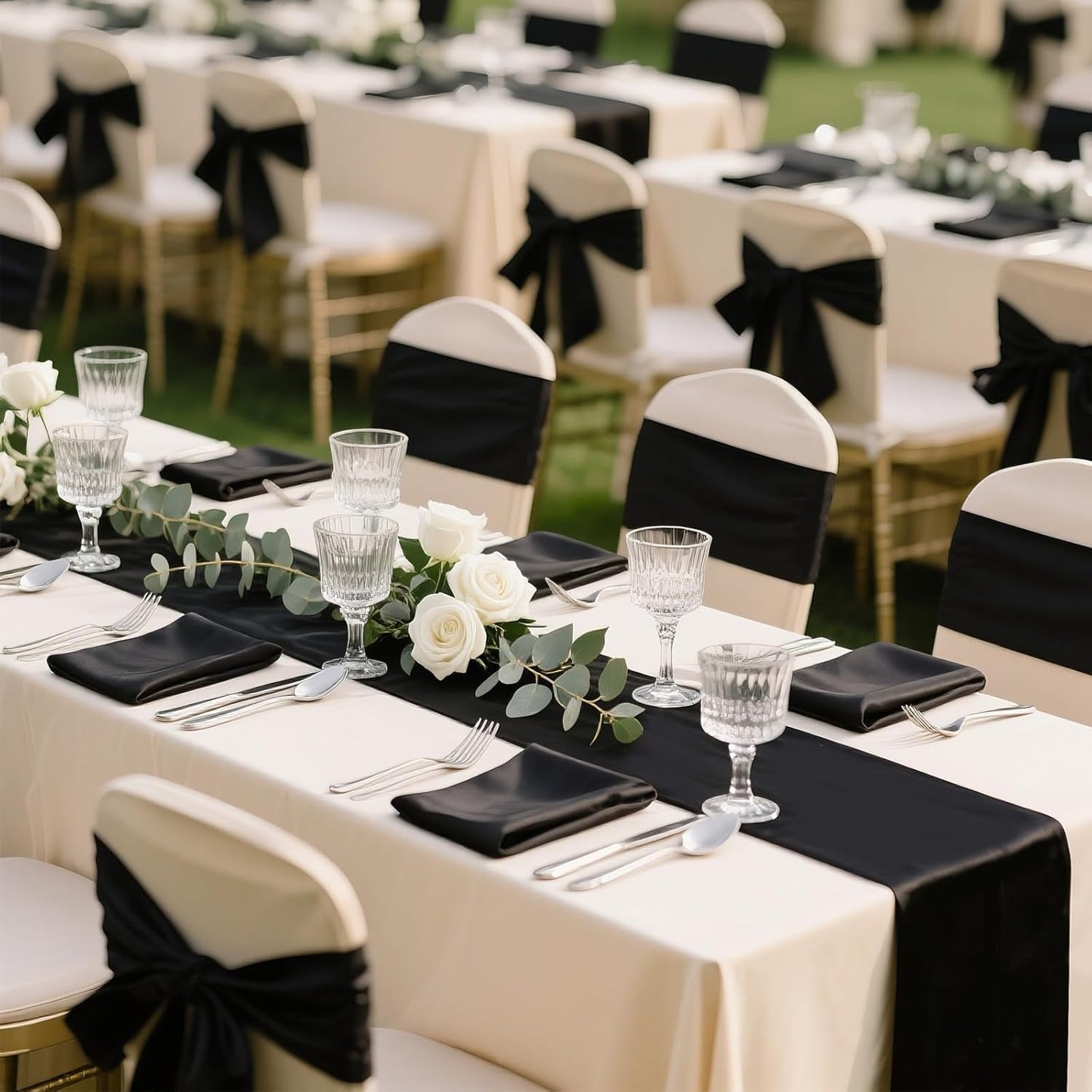 SHEJIZE 20 Pack Black Satin Table Runner 12x108 Inches Long, Bright Silky Smooth Satin Table Runner Table Decor for Wedding Banquet Christmas Prom Event Birthday Party