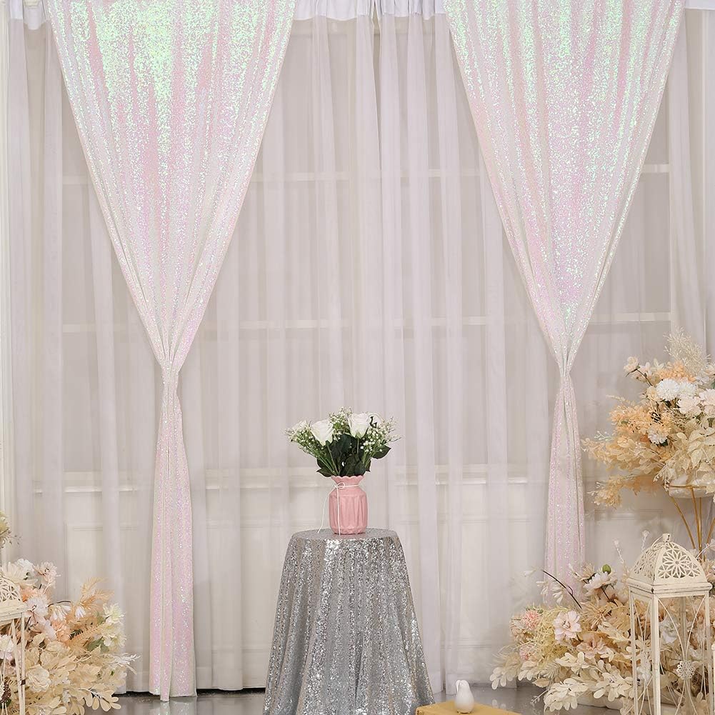 SquarePie Sequin Backdrop 2FTx8FT Iridescent 2pcs Curtain Background for Wedding Party Christmas Decoration