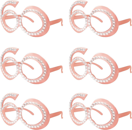 60th Birthday Glasses - 6 Pairs Rose Gold 60 Years Old Glasses with Rhinestones Frame, Funny Plastic Costume Photo Booth Props for 60th Anniversary Party Decorations