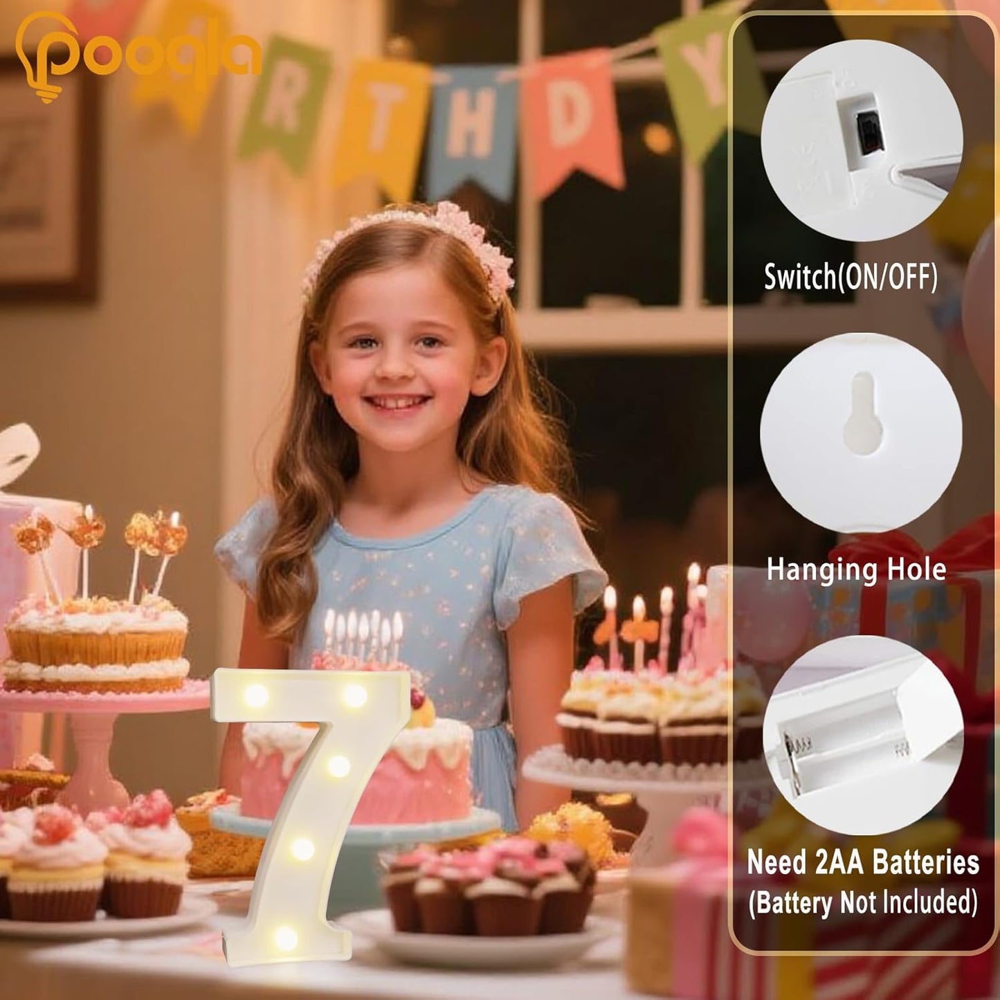 Pooqla Decorative LED Light Up Number Letters, White Plastic Marquee Number Lights Sign Party Wedding Decor Battery Operated (7)