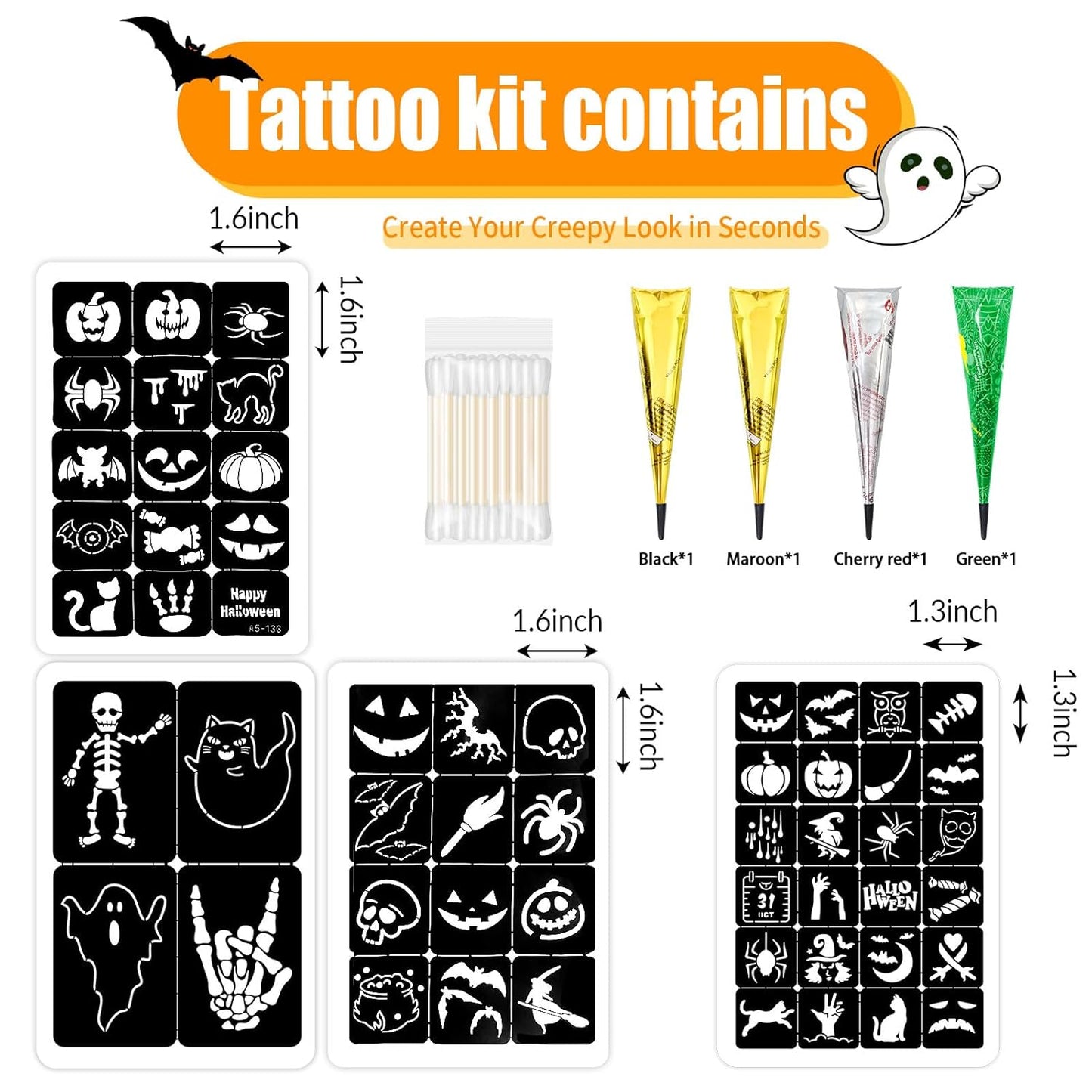 Halloween Temporary Tattoos Stencils Kit,Temporary Tattoos Kit - 4 Pcs 4 Color(Maroon,Black,Cherry red,Green) Ink with Gloves,DIY Body Art Painting for Women Men Adults Kids