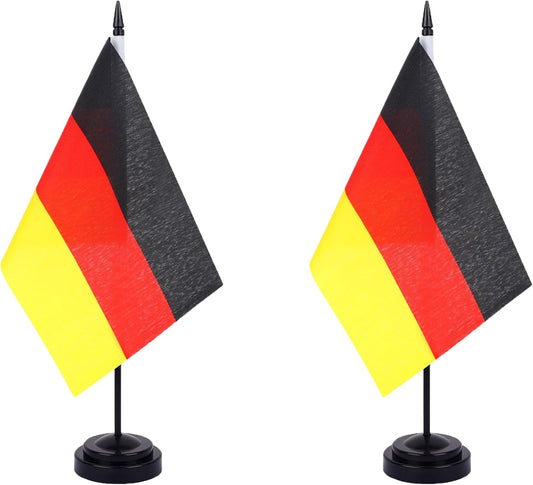 Germany Desk Flag 12" Solid Pole Deluxe Set German Flags Banner Mini Small Germany Office Table Flags with Black Stand Base Desktop Decorations(2Pack)