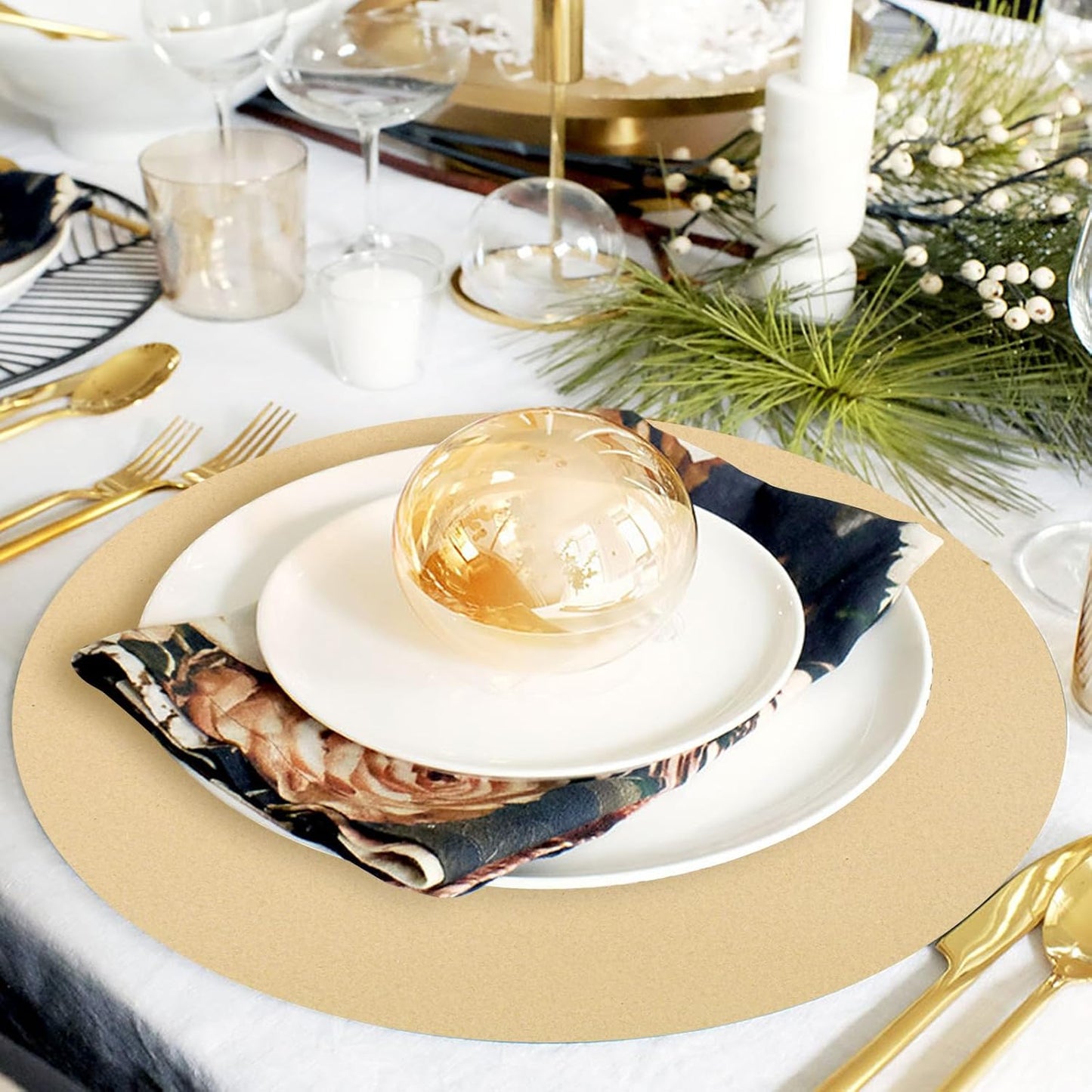 50 Pieces Kraft Paper Place Mats Brown Round Disposable Table Mats Decorative Placemats for Wedding Bridal Shower Black Birthday Party Dining Decor