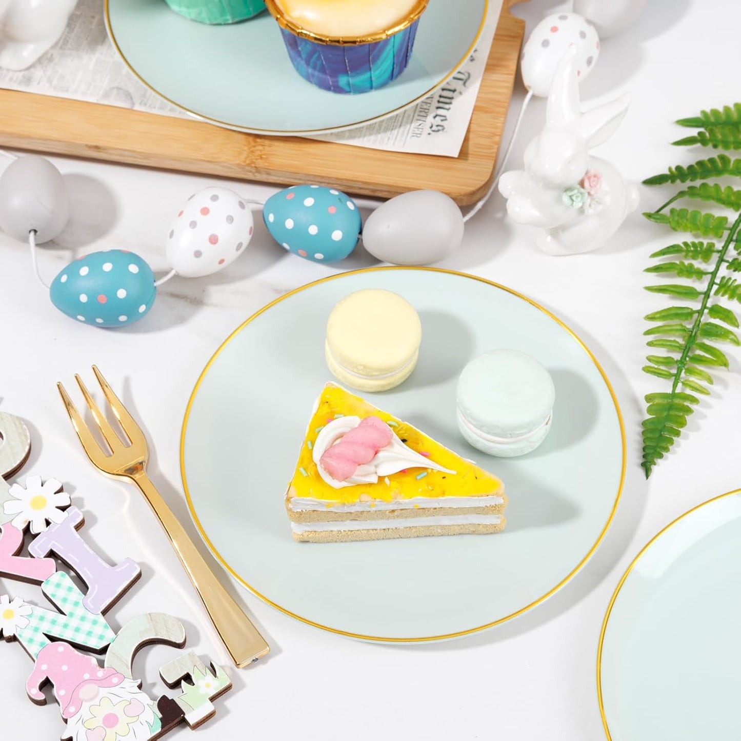 Festiva 200Pcs Pale Sage Green Gold Cake Plates 6.3" with Plastic Forks 5"- Disposable Salad Plates-Green Dessert Plates-Appetizer Plastic Plates - include 100Plates 100Forks for Party&Wedding&Easter