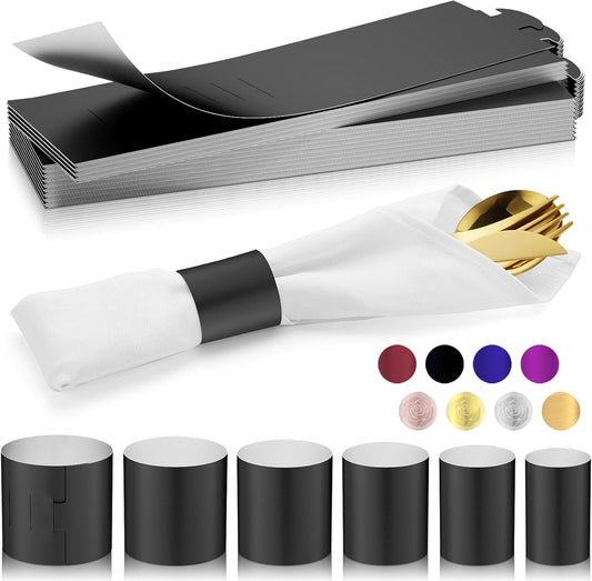 Polymer Material Reusable Napkin Band, Glue-Free Tear-Proof Water Resistant Oil-Proof Napkin Bands Set of 50(Front Black Color and Back White), 6 Adjustable Sizes Napkin Rings