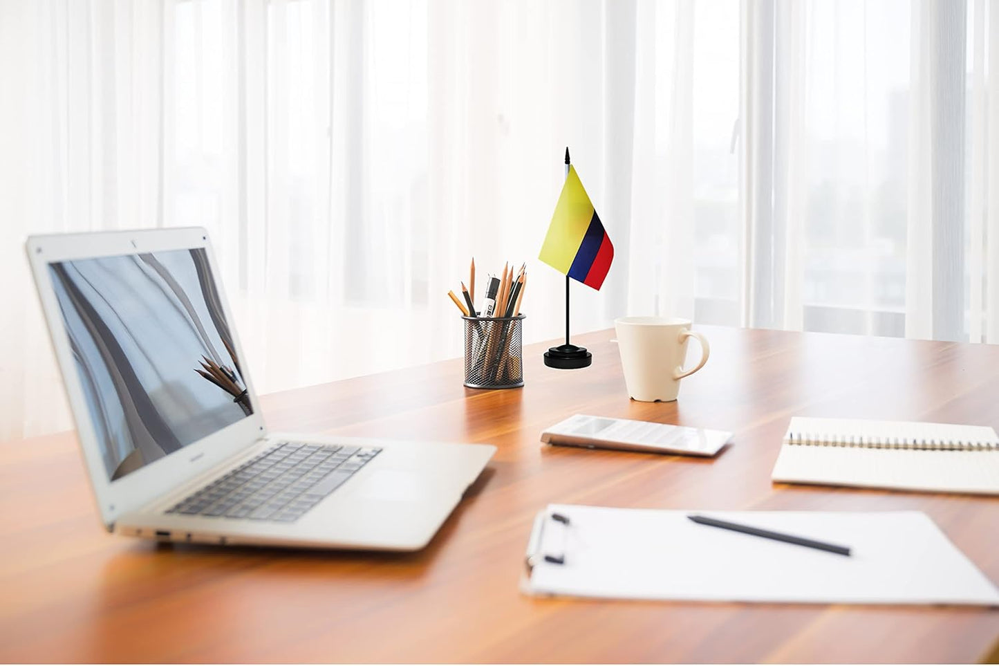 Colombia Colombian Deluxe Desk Flag Set Small Mini Miniature Colombia Colombian Table Desktop Flags With Solid Pole, Black Base and Spear Top(2 Pack)