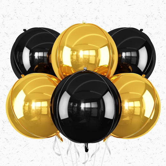 6Pcs Black Gold Round Foil Balloons,Giant 4D Round Ball Balloons,22 Inch Metallic Black Gold Balloon for Birthday Wedding Graduation Prom Party Decorations